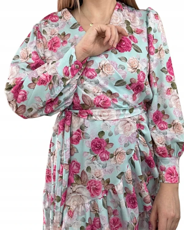 Szlafrokowa kopertowa krótka sukienka w kwiaty falbanka rękaw miętowa róż