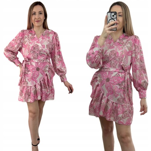 Szlafrokowa kopertowa krótka sukienka w kwiaty falbanka rękaw róż fiolet