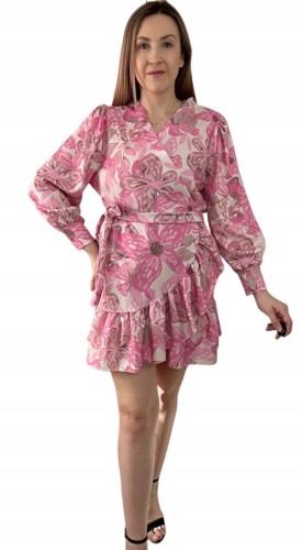 Szlafrokowa kopertowa krótka sukienka w kwiaty falbanka rękaw róż fiolet