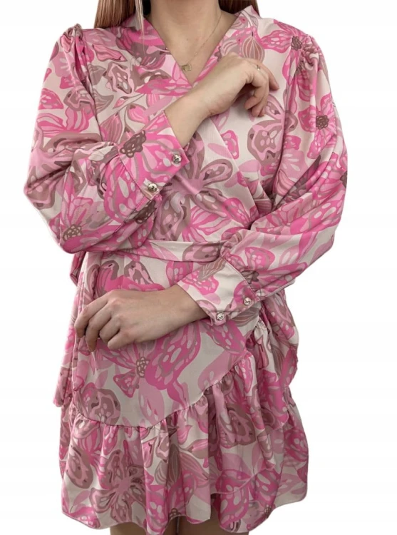 Szlafrokowa kopertowa krótka sukienka w kwiaty falbanka rękaw róż fiolet