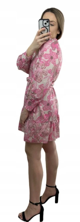 Szlafrokowa kopertowa krótka sukienka w kwiaty falbanka rękaw róż fiolet