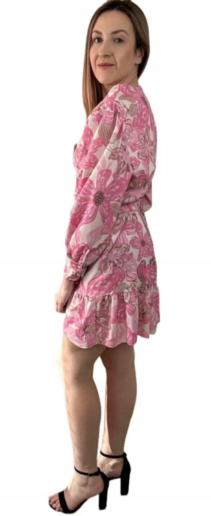 Szlafrokowa kopertowa krótka sukienka w kwiaty falbanka rękaw róż fiolet