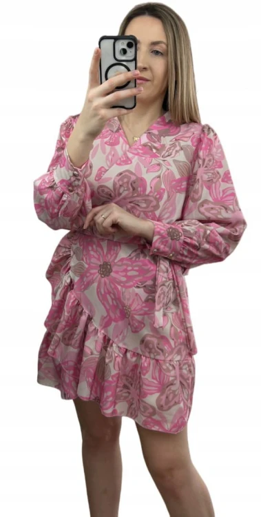 Szlafrokowa kopertowa krótka sukienka w kwiaty falbanka rękaw róż fiolet