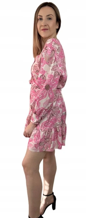 Szlafrokowa kopertowa krótka sukienka w kwiaty falbanka rękaw róż fiolet