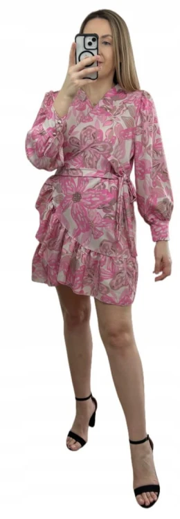 Szlafrokowa kopertowa krótka sukienka w kwiaty falbanka rękaw róż fiolet