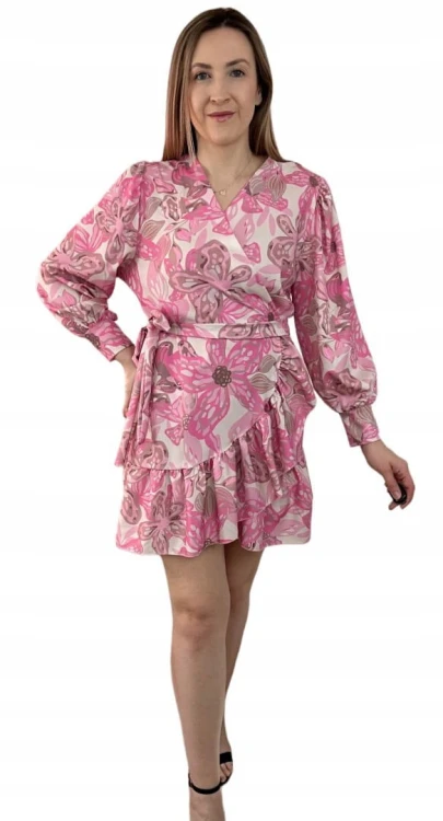 Szlafrokowa kopertowa krótka sukienka w kwiaty falbanka rękaw róż fiolet