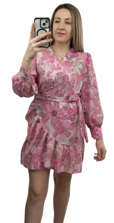 Szlafrokowa kopertowa krótka sukienka w kwiaty falbanka rękaw róż fiolet