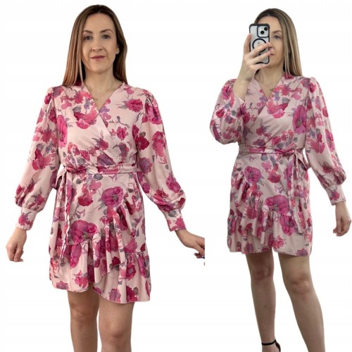 Szlafrokowa kopertowa krótka sukienka w kwiaty falbanka rękaw różowa róż