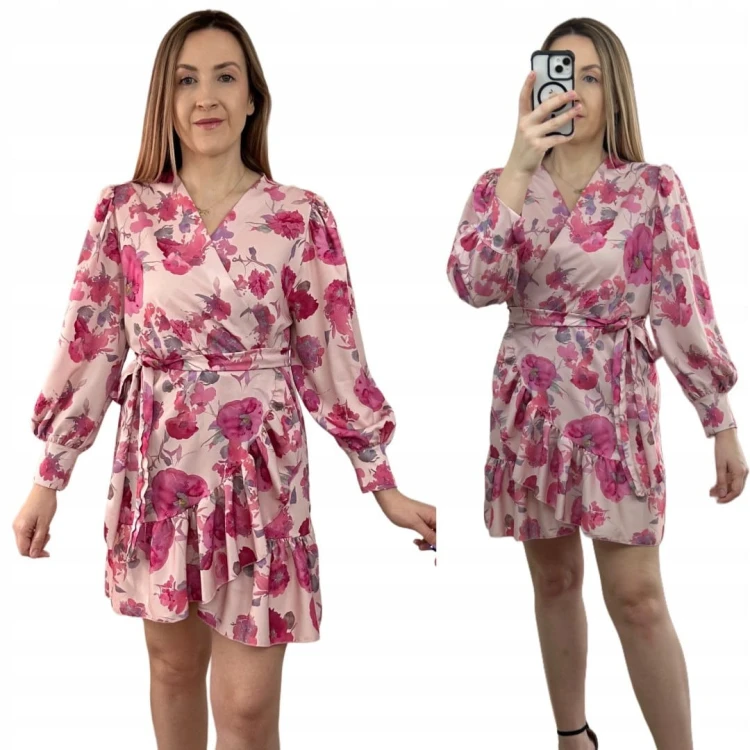 Szlafrokowa kopertowa krótka sukienka w kwiaty falbanka rękaw różowa róż