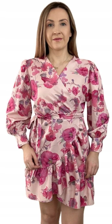 Szlafrokowa kopertowa krótka sukienka w kwiaty falbanka rękaw różowa róż