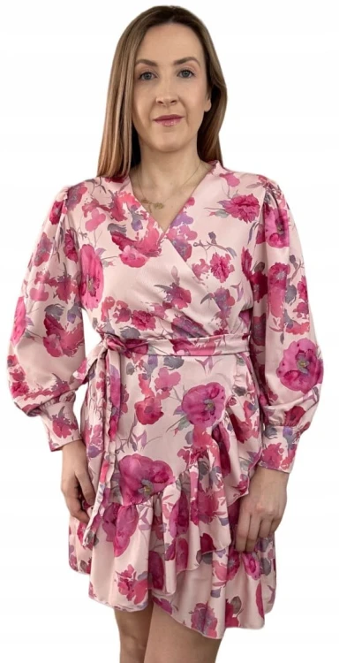 Szlafrokowa kopertowa krótka sukienka w kwiaty falbanka rękaw różowa róż