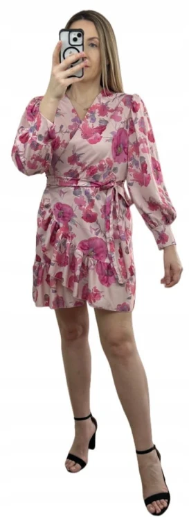 Szlafrokowa kopertowa krótka sukienka w kwiaty falbanka rękaw różowa róż