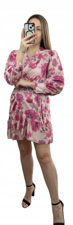 Szlafrokowa kopertowa krótka sukienka w kwiaty falbanka rękaw różowa róż