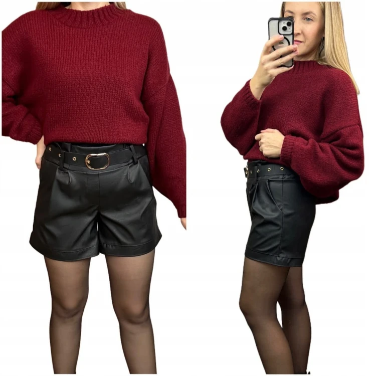 Szorty czarne spodenki wysoki stan skóra ekologiczna pasek klamra XL