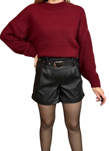 Szorty czarne spodenki wysoki stan skóra ekologiczna pasek klamra XL