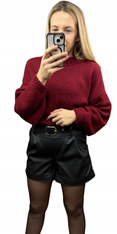 Szorty czarne spodenki wysoki stan skóra ekologiczna pasek klamra XL