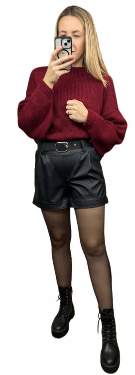 Szorty czarne spodenki wysoki stan skóra ekologiczna pasek klamra XL