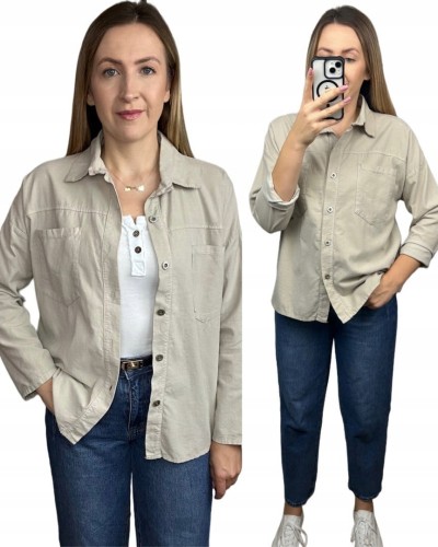 Sztruksowa bawełniana koszula z kieszeniami luźna beżowa- CORDUROY