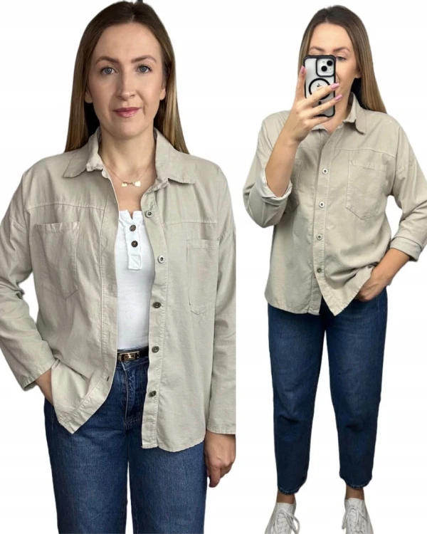 Sztruksowa bawełniana koszula z kieszeniami luźna beżowa- CORDUROY