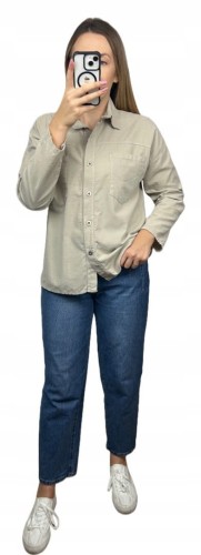 Sztruksowa bawełniana koszula z kieszeniami luźna beżowa- CORDUROY