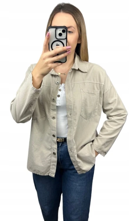 Sztruksowa bawełniana koszula z kieszeniami luźna beżowa- CORDUROY