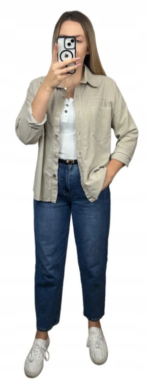 Sztruksowa bawełniana koszula z kieszeniami luźna beżowa- CORDUROY