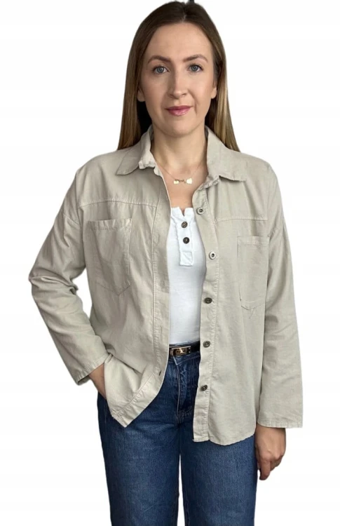 Sztruksowa bawełniana koszula z kieszeniami luźna beżowa- CORDUROY