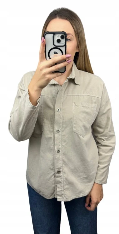 Sztruksowa bawełniana koszula z kieszeniami luźna beżowa- CORDUROY