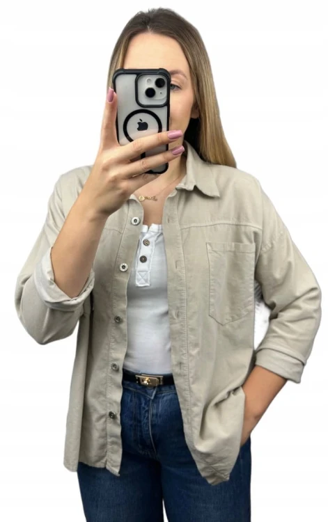 Sztruksowa bawełniana koszula z kieszeniami luźna beżowa- CORDUROY