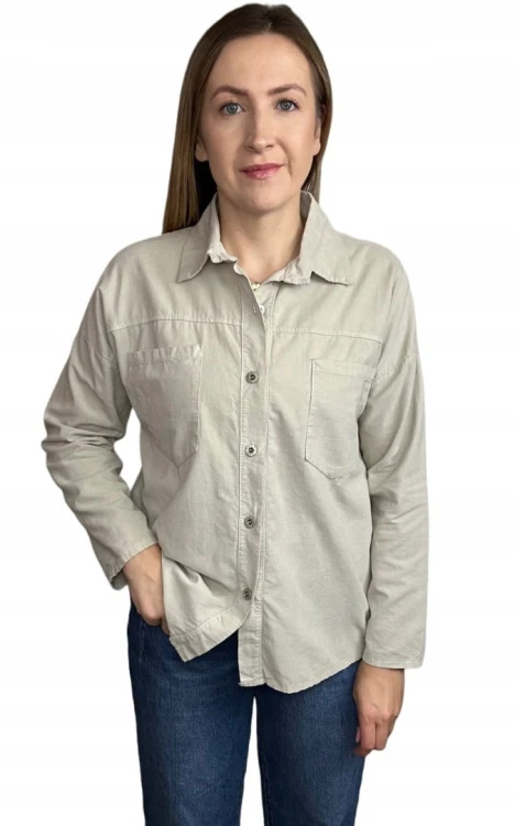 Sztruksowa bawełniana koszula z kieszeniami luźna beżowa- CORDUROY