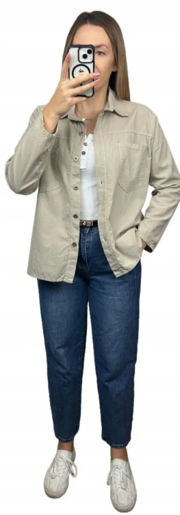 Sztruksowa bawełniana koszula z kieszeniami luźna beżowa- CORDUROY