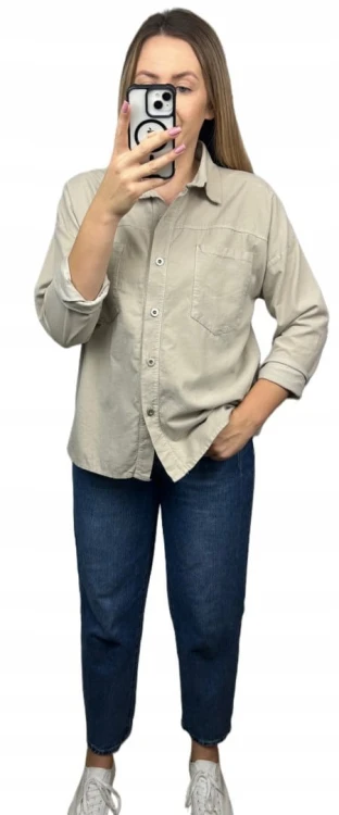 Sztruksowa bawełniana koszula z kieszeniami luźna beżowa- CORDUROY