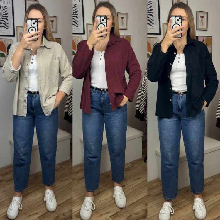 Sztruksowa bawełniana koszula z kieszeniami luźna beżowa- CORDUROY