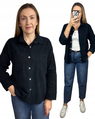 Sztruksowa bawełniana koszula z kieszeniami luźna czarna- CORDUROY