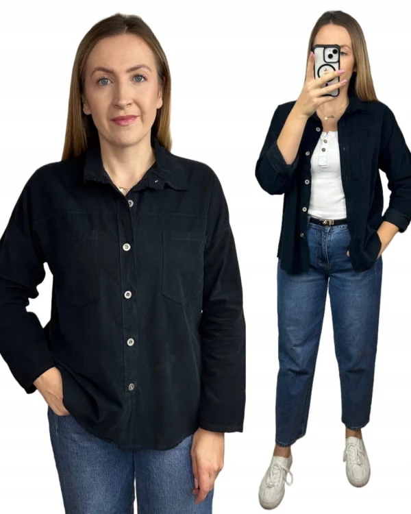 Sztruksowa bawełniana koszula z kieszeniami luźna czarna- CORDUROY