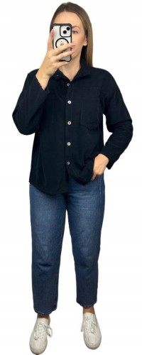 Sztruksowa bawełniana koszula z kieszeniami luźna czarna- CORDUROY