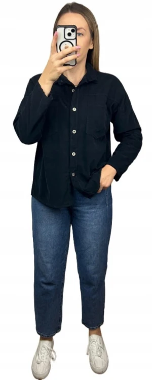 Sztruksowa bawełniana koszula z kieszeniami luźna czarna- CORDUROY