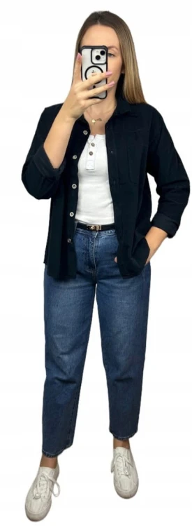 Sztruksowa bawełniana koszula z kieszeniami luźna czarna- CORDUROY