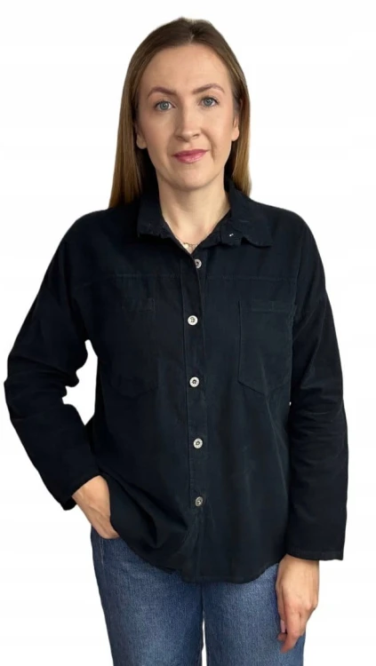 Sztruksowa bawełniana koszula z kieszeniami luźna czarna- CORDUROY