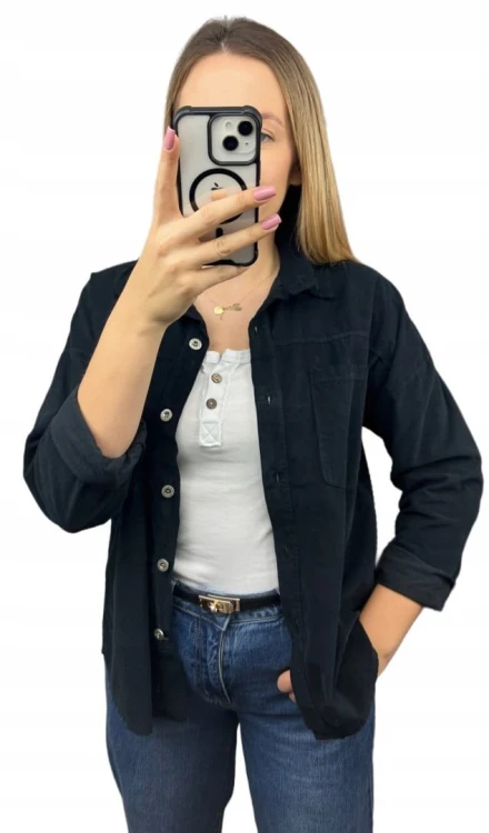 Sztruksowa bawełniana koszula z kieszeniami luźna czarna- CORDUROY