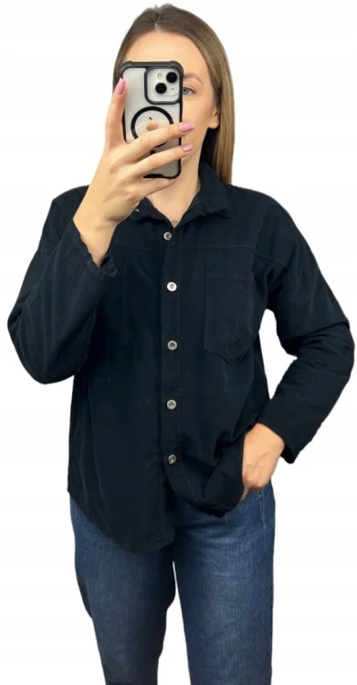 Sztruksowa bawełniana koszula z kieszeniami luźna czarna- CORDUROY