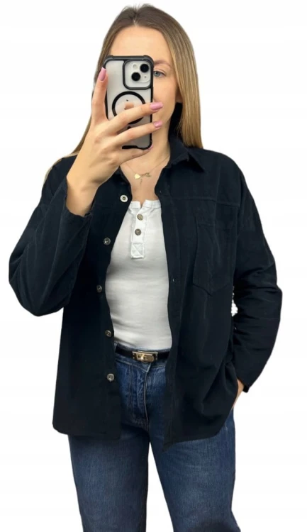 Sztruksowa bawełniana koszula z kieszeniami luźna czarna- CORDUROY