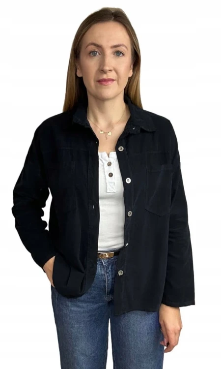 Sztruksowa bawełniana koszula z kieszeniami luźna czarna- CORDUROY