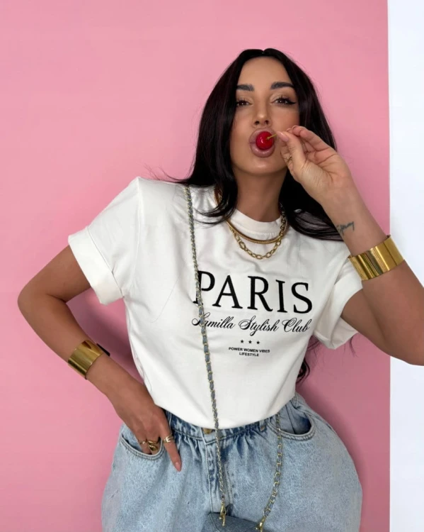 T-shirt biały wiskoza poduszki Paris haft La Milla