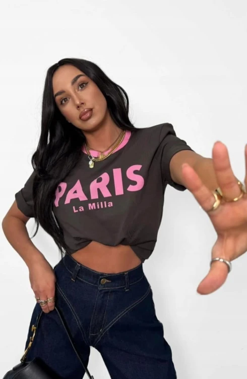T-shirt luźny brązowy różowy nadruk PARIS La Milla wiskoza Lamilla
