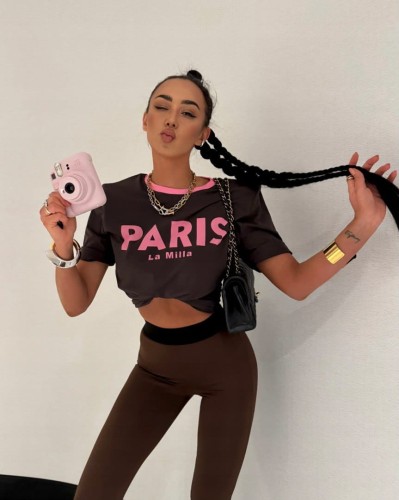 T-shirt luźny brązowy różowy nadruk PARIS La Milla wiskoza Lamilla