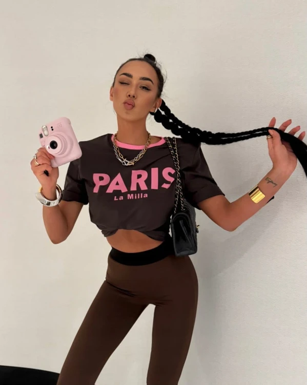 T-shirt luźny brązowy różowy nadruk PARIS La Milla wiskoza Lamilla