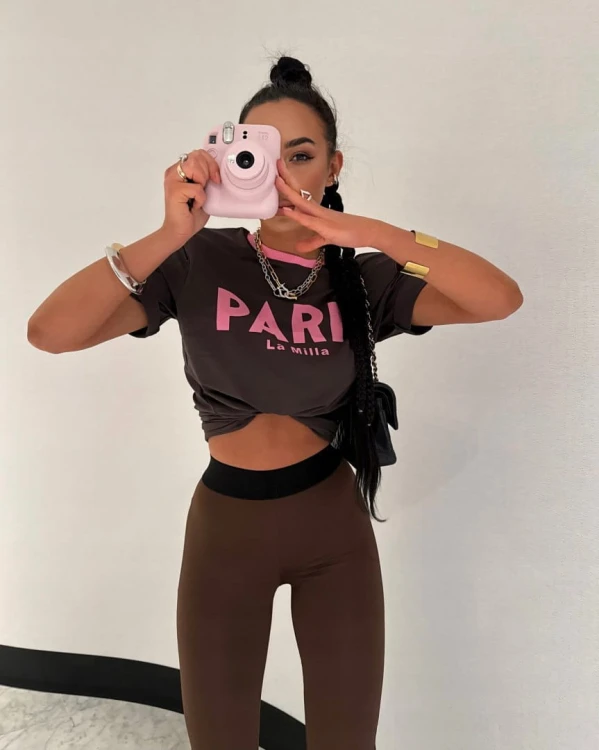 T-shirt luźny brązowy różowy nadruk PARIS La Milla wiskoza Lamilla