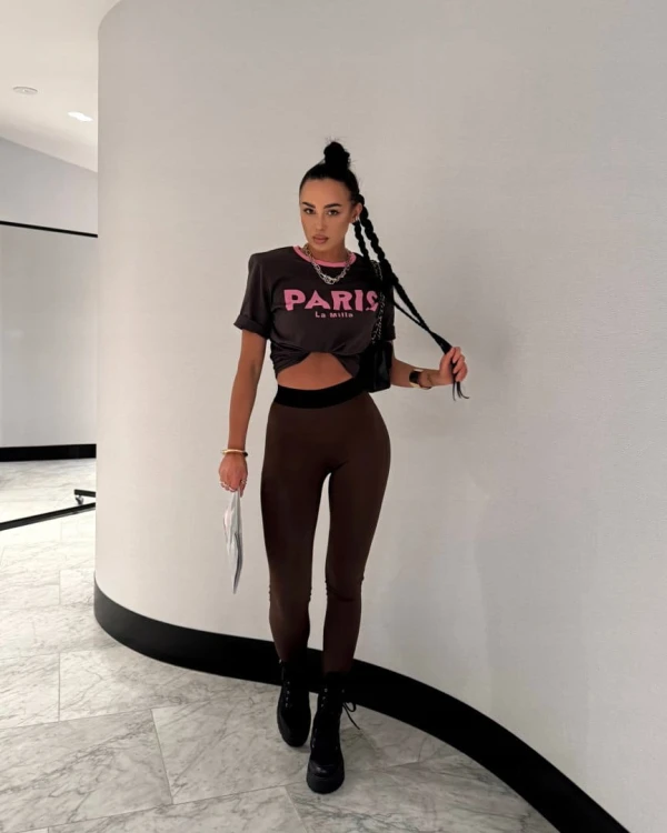 T-shirt luźny brązowy różowy nadruk PARIS La Milla wiskoza Lamilla