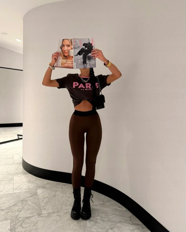 T-shirt luźny brązowy różowy nadruk PARIS La Milla wiskoza Lamilla